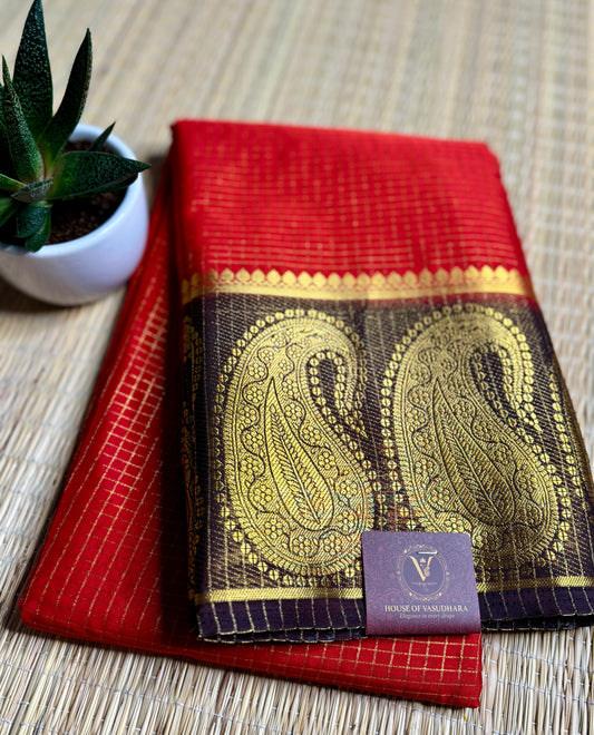 Red Checked Mysore silk crepe Saree with Contrast Border