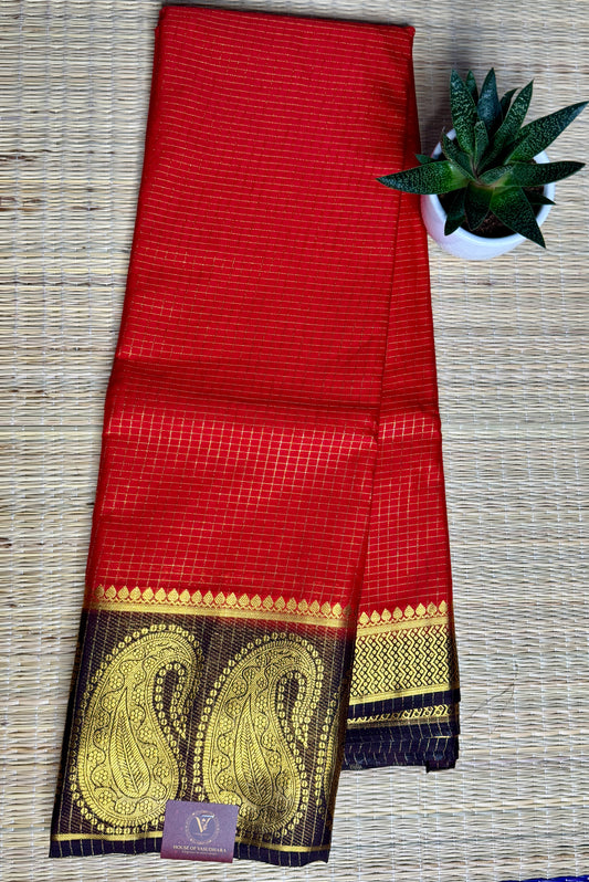 Red Checked Mysore silk crepe Saree with Contrast Border