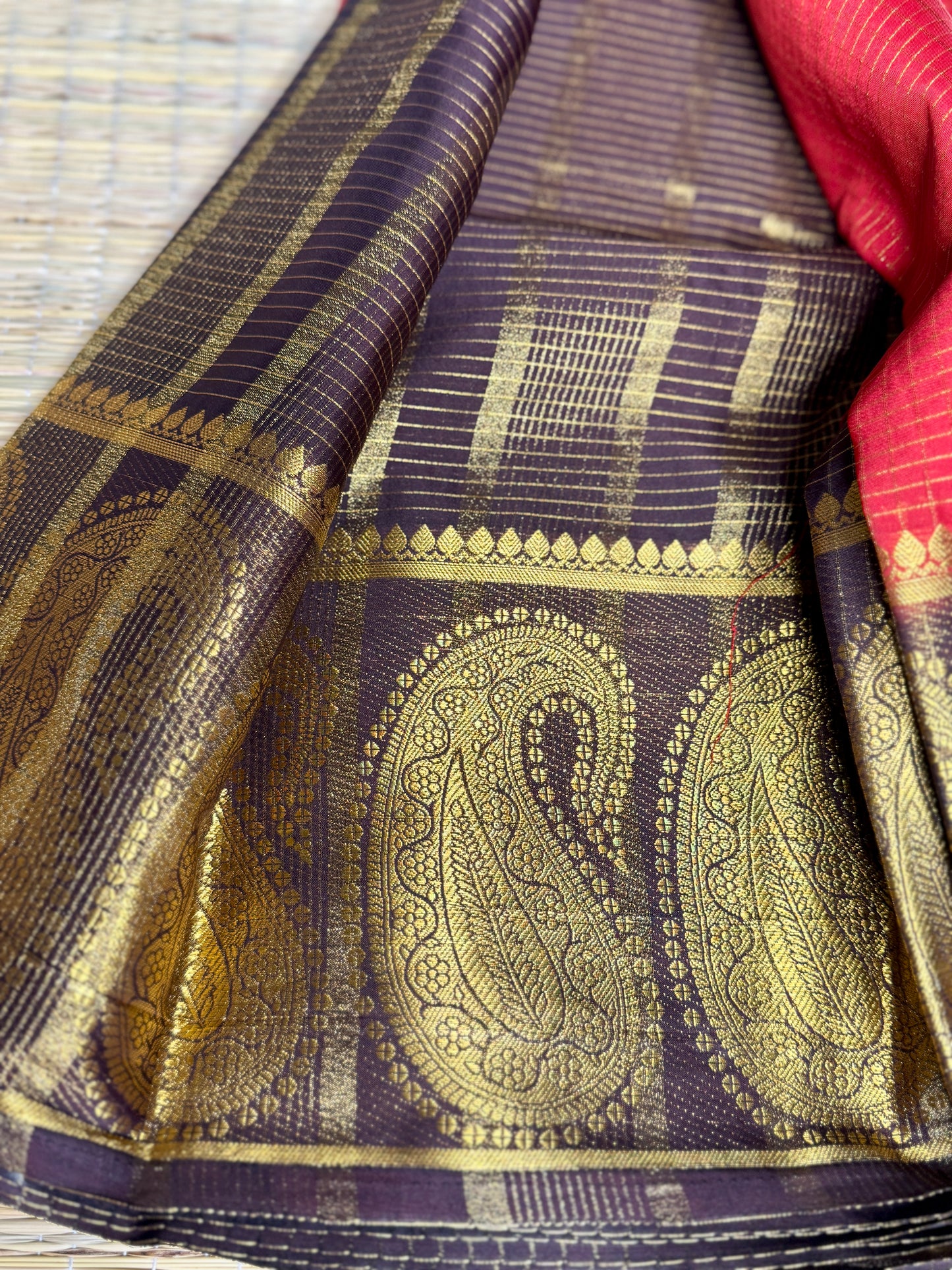 Red Checked Mysore silk crepe Saree with Contrast Border