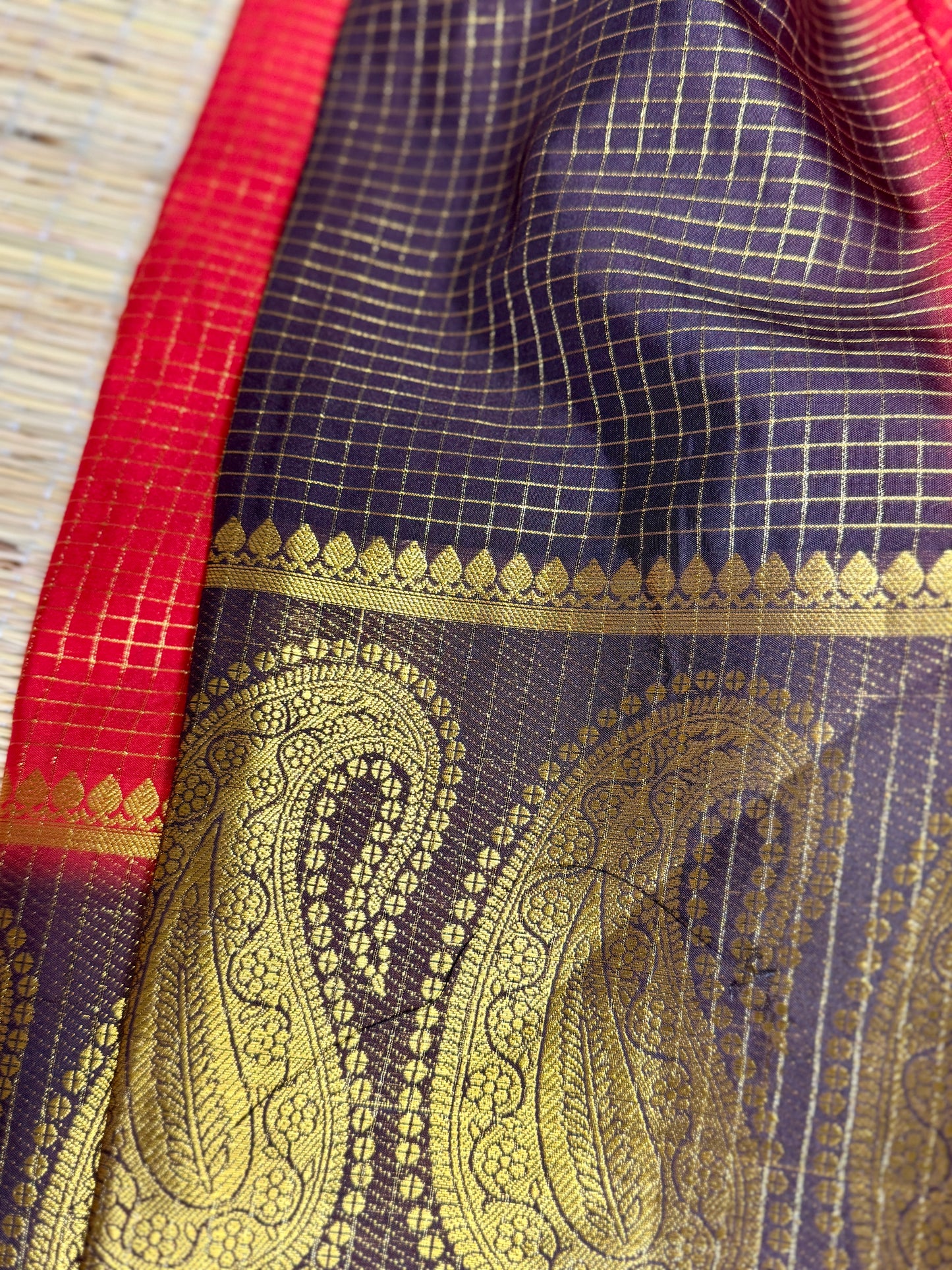 Red Checked Mysore silk crepe Saree with Contrast Border