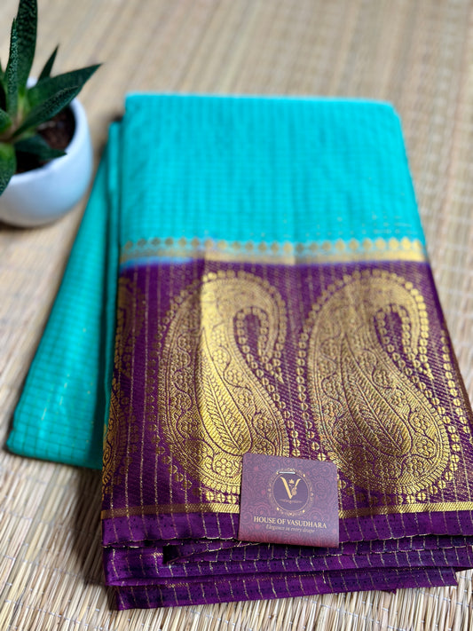 Turquoise blue Checked Mysore silk crepe Saree with Contrast Border