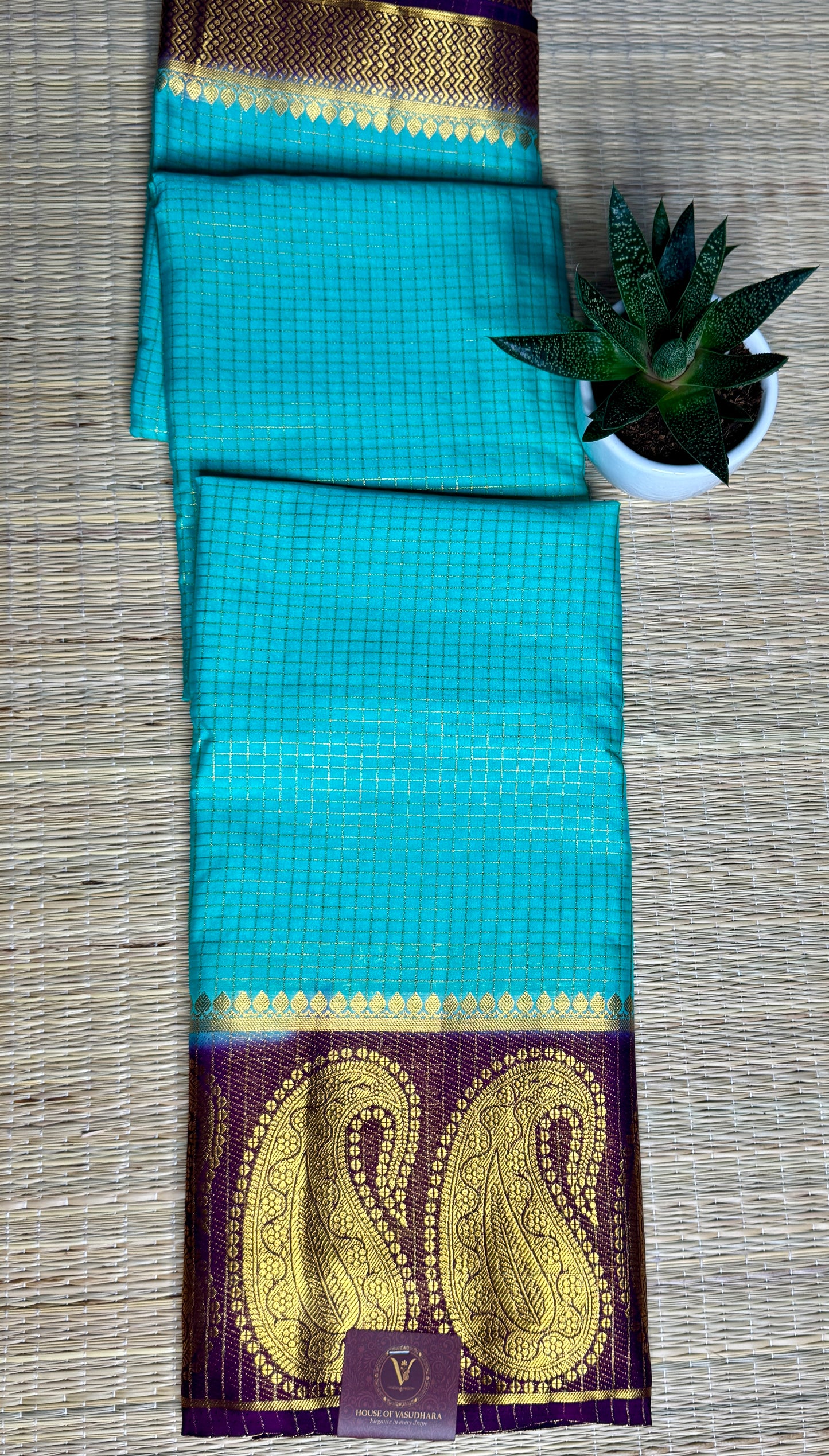 Turquoise blue Checked Mysore silk crepe Saree with Contrast Border