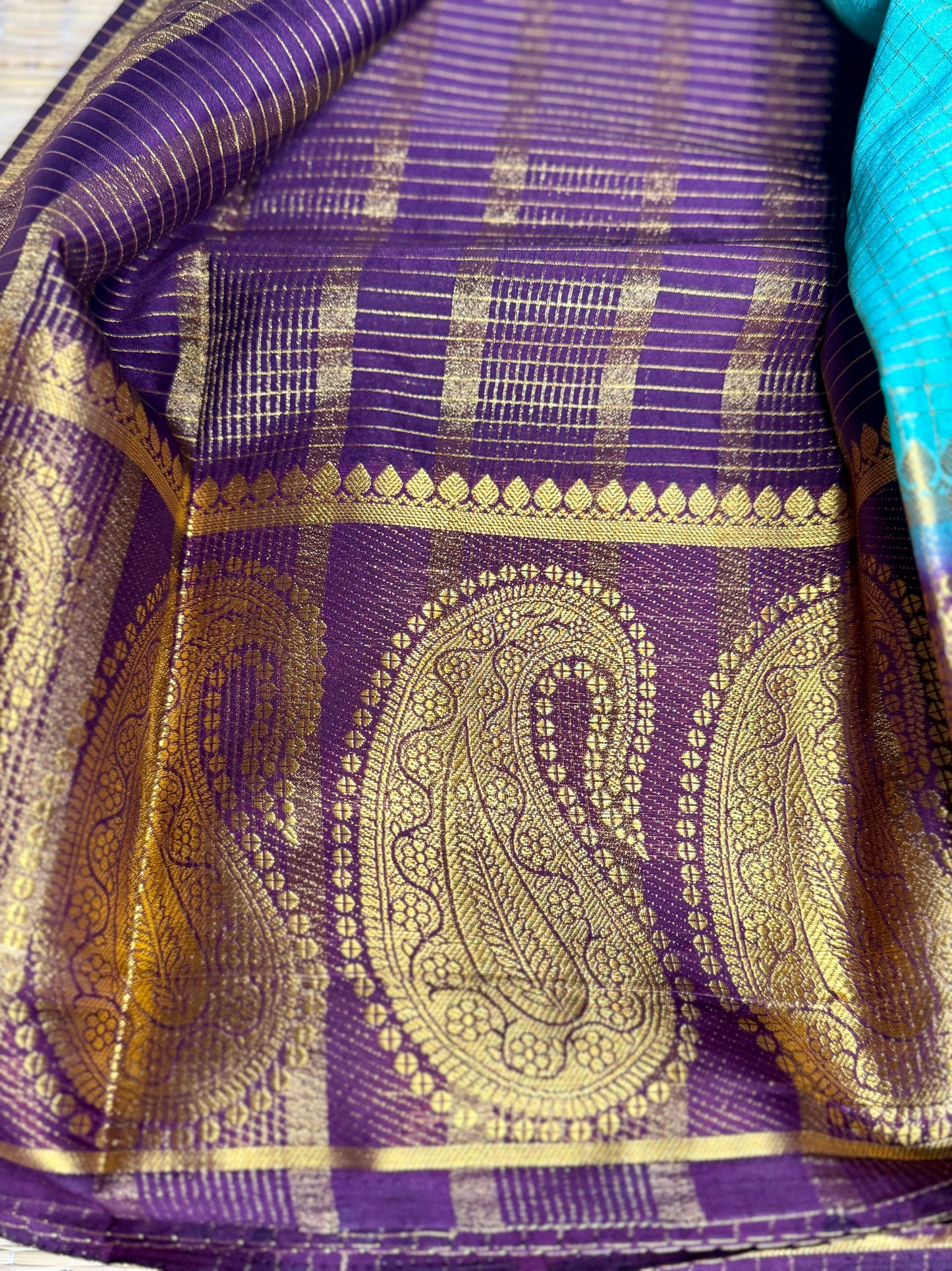 Turquoise blue Checked Mysore silk crepe Saree with Contrast Border