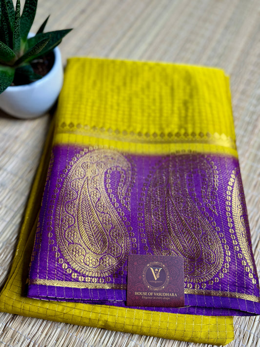 Gold Checked Mysore silk crepe Saree with Contrast Border