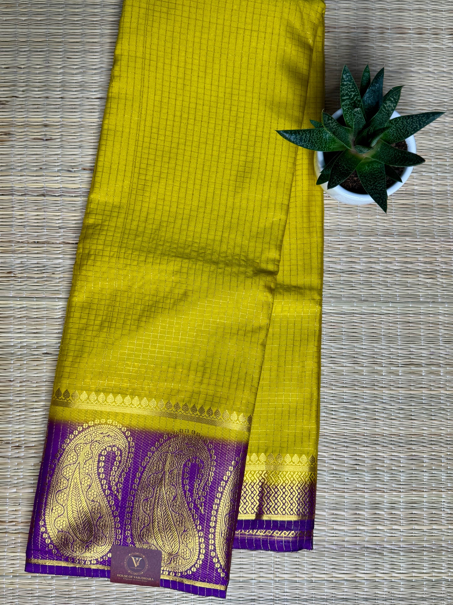 Gold Checked Mysore silk crepe Saree with Contrast Border