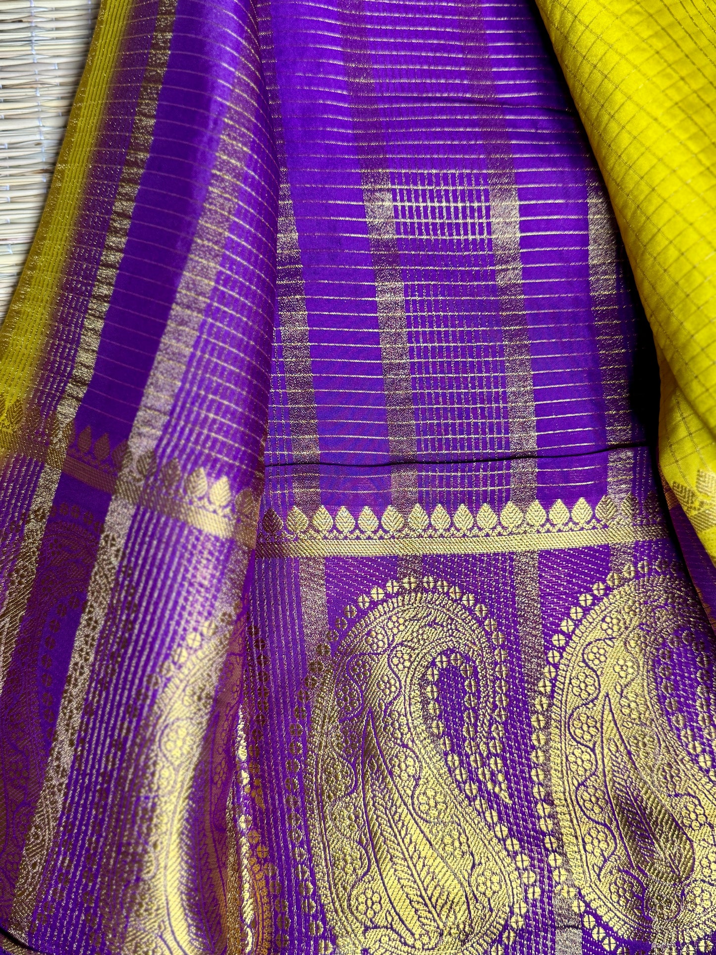Gold Checked Mysore silk crepe Saree with Contrast Border