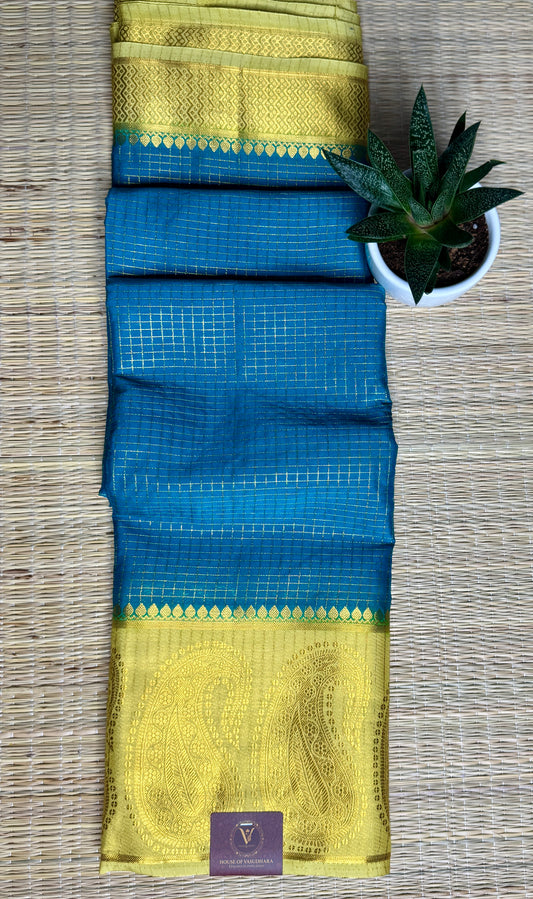 Blue Checked Mysore silk crepe Saree with Contrast Border