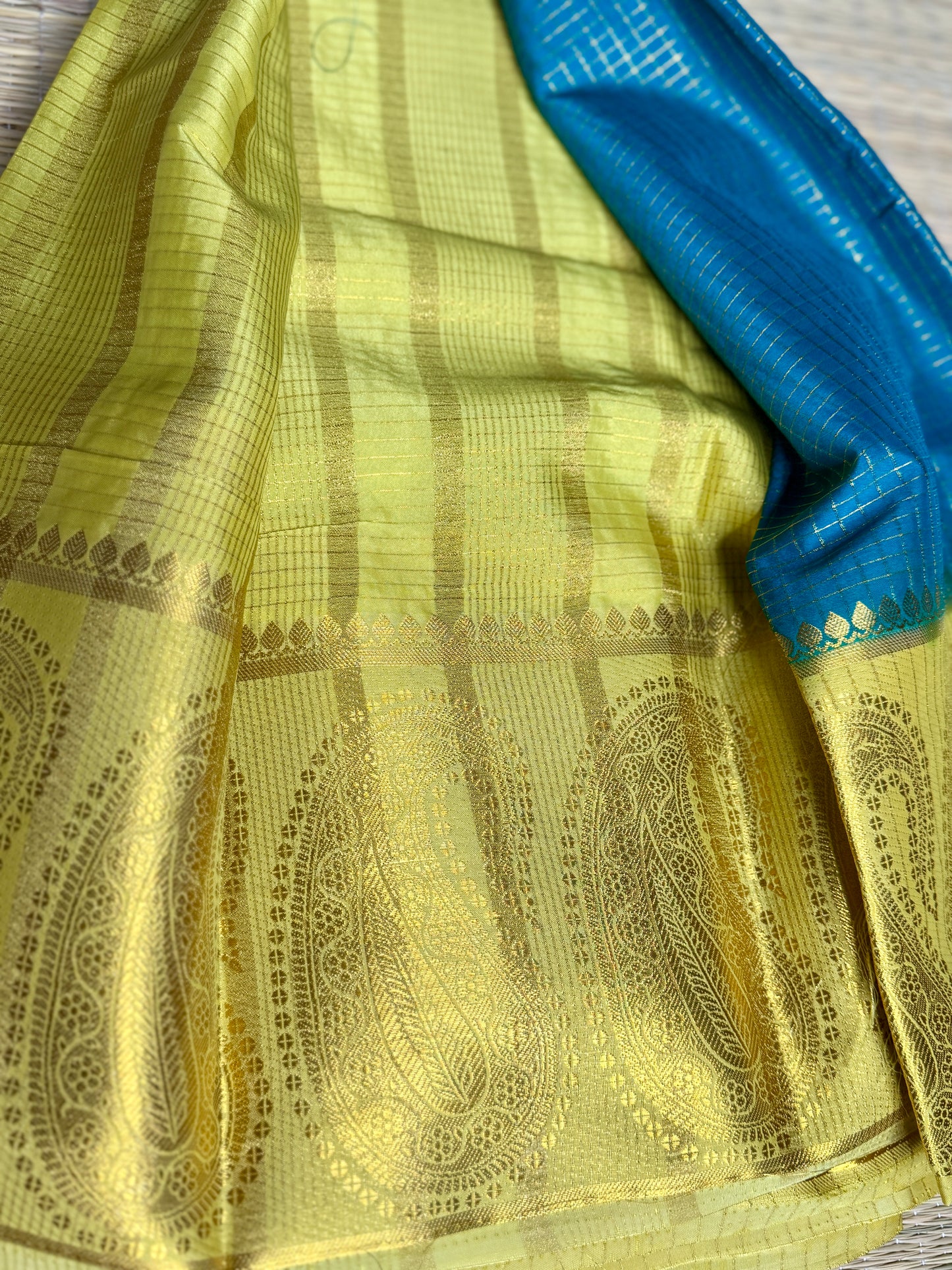 Blue Checked Mysore silk crepe Saree with Contrast Border