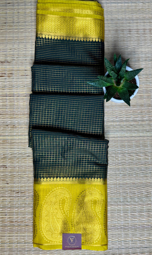 Bottle Green Checked Mysore silk crepe Saree with Contrast Border