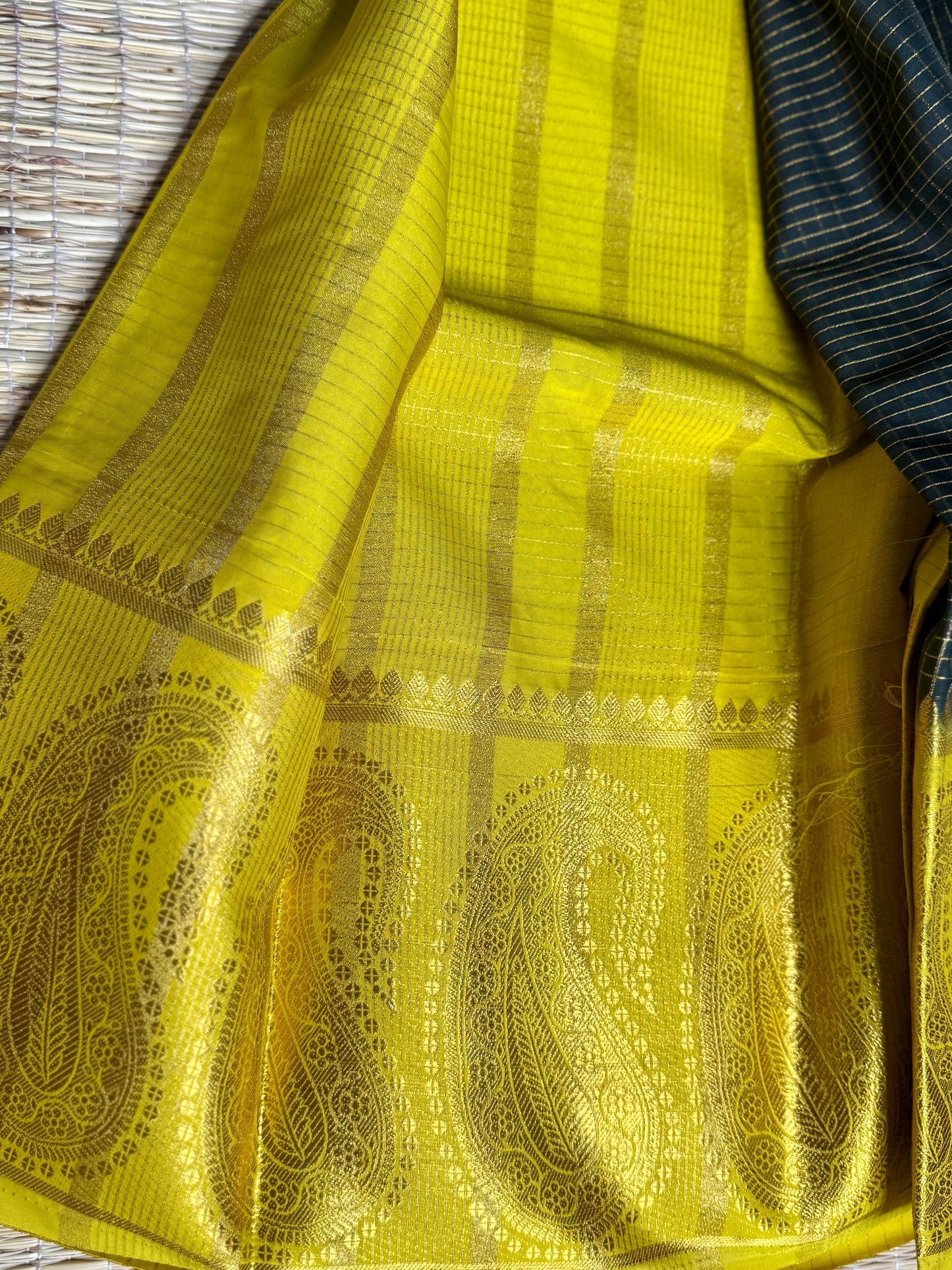 Bottle Green Checked Mysore silk crepe Saree with Contrast Border