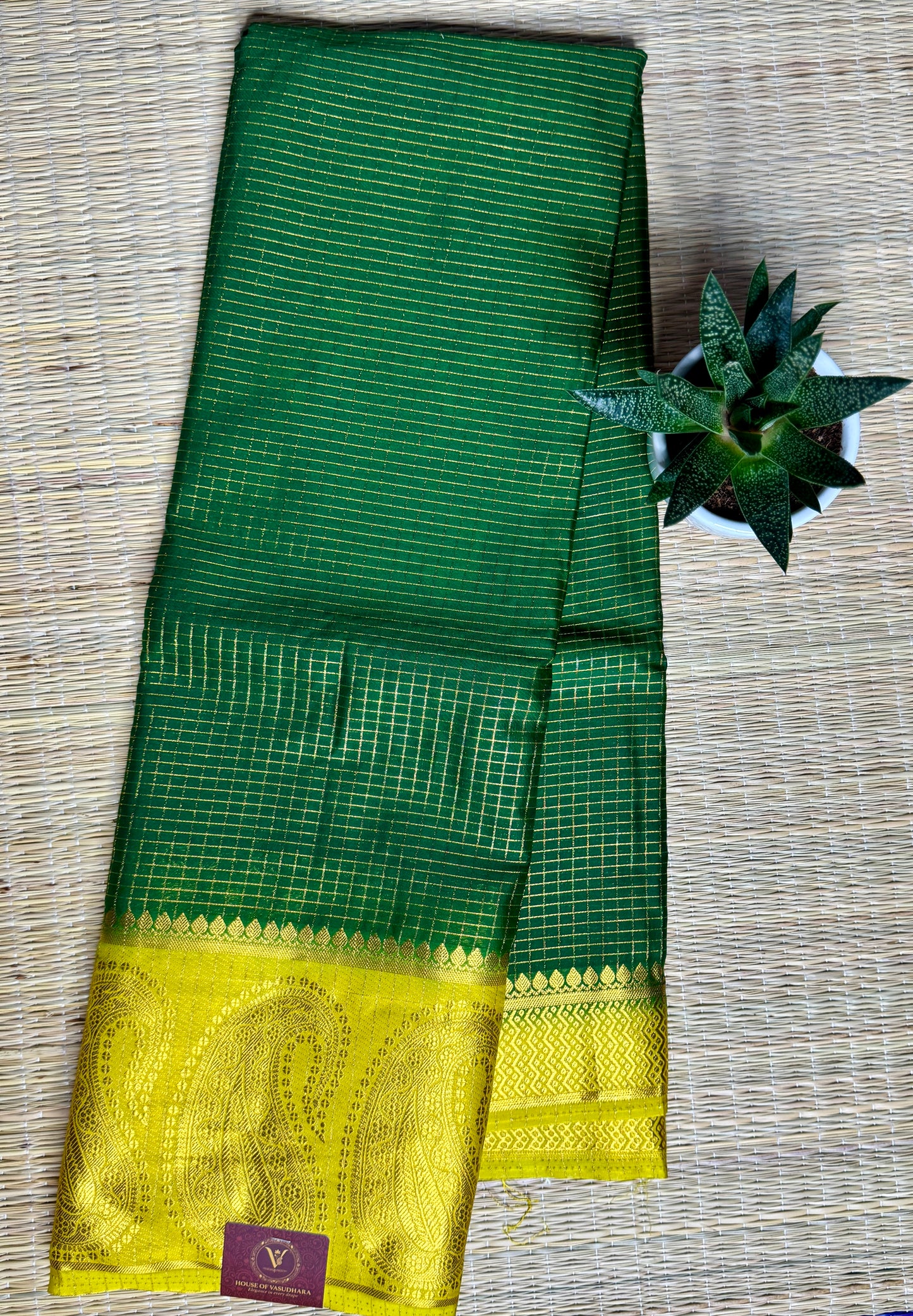 Green Checked Mysore silk crepe Saree with Contrast Border