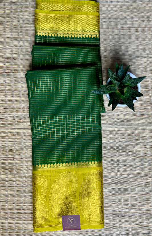 Green Checked Mysore silk crepe Saree with Contrast Border