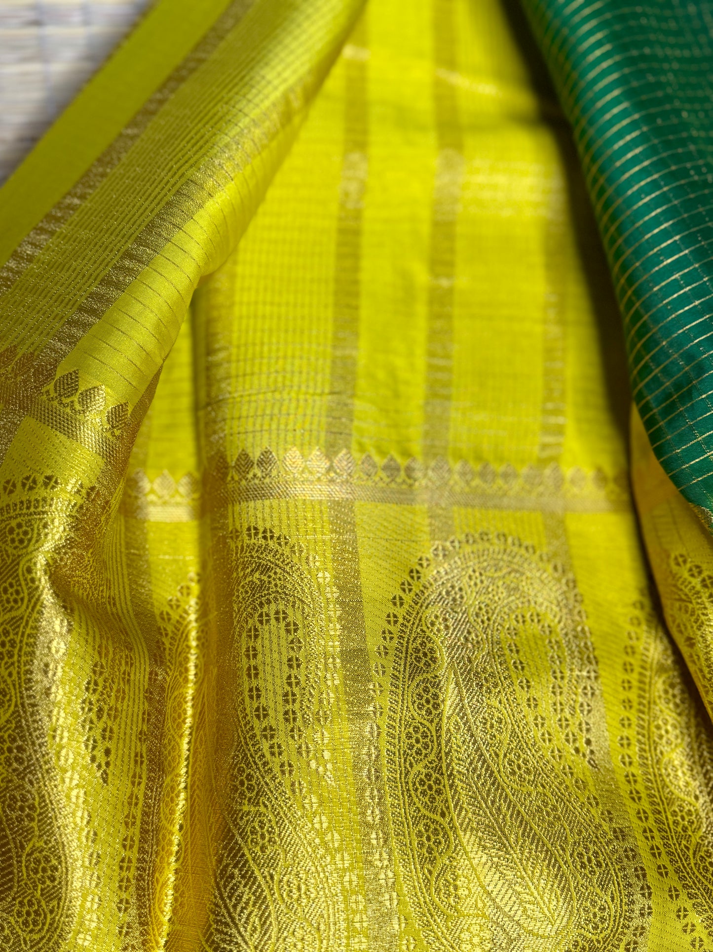 Green Checked Mysore silk crepe Saree with Contrast Border