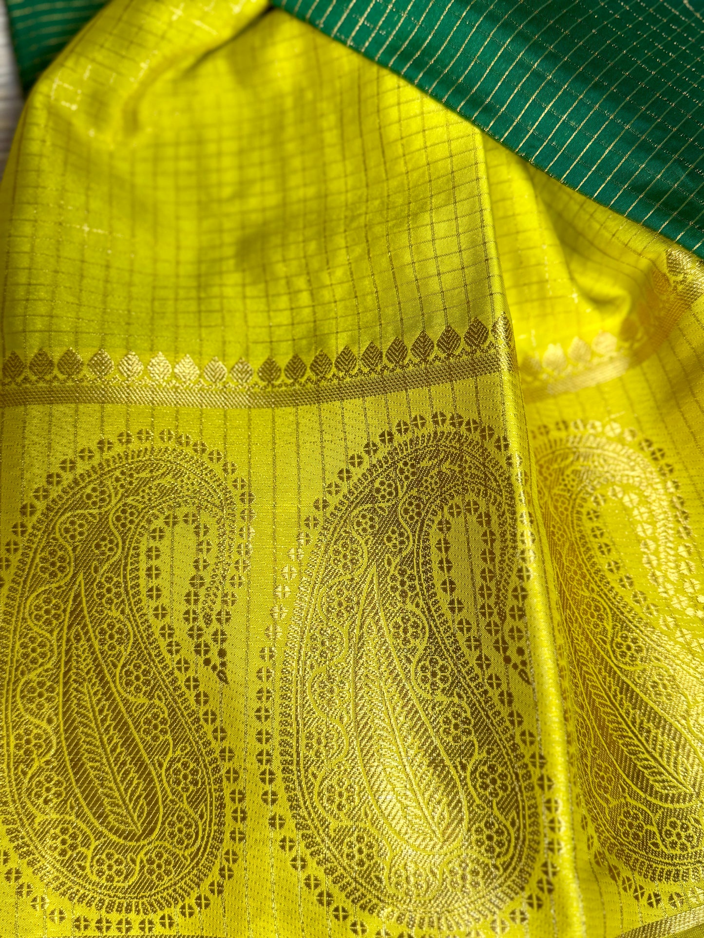 Green Checked Mysore silk crepe Saree with Contrast Border