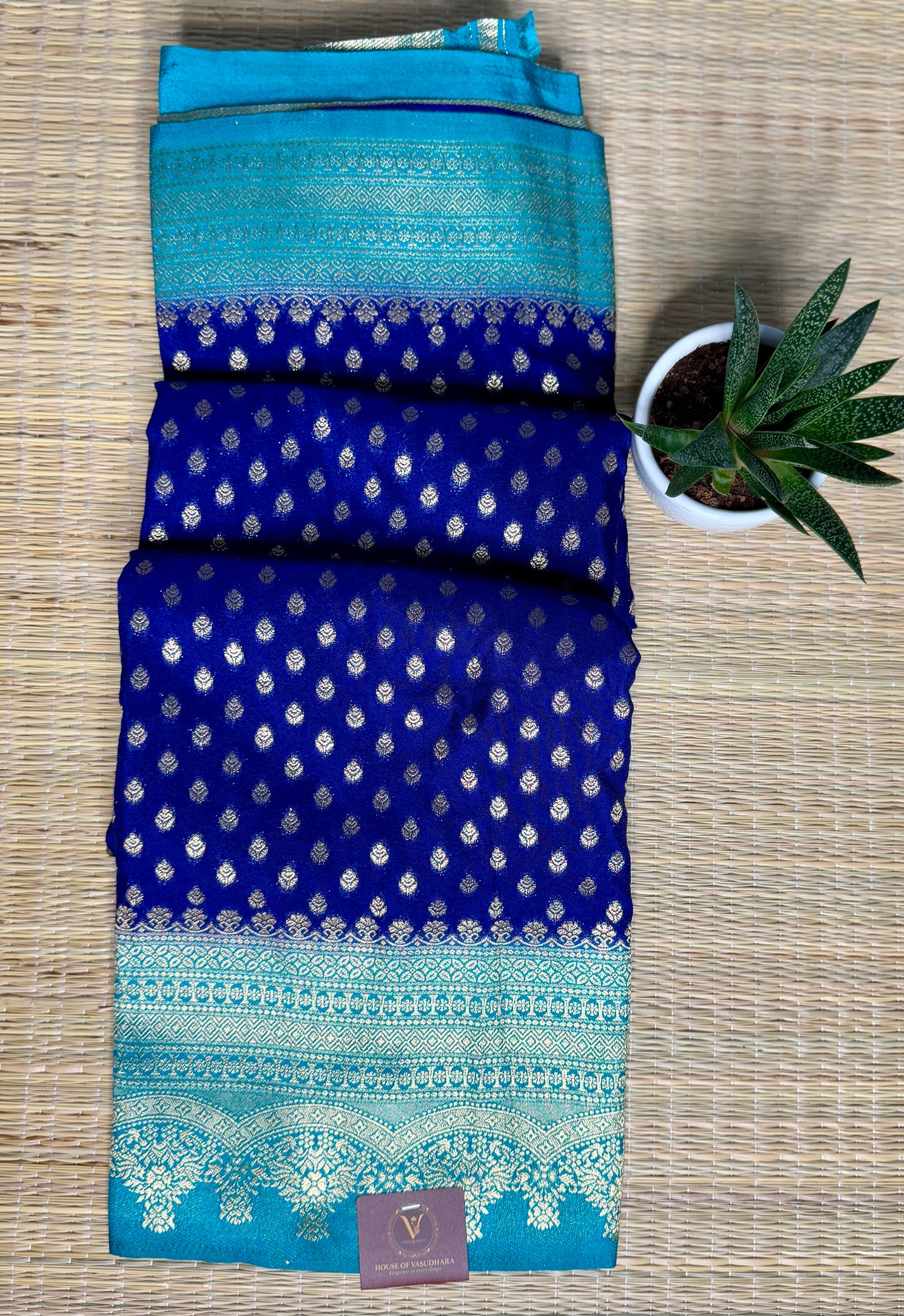 Royal Blue Khadi Banarasi Silk saree with Contrast border
