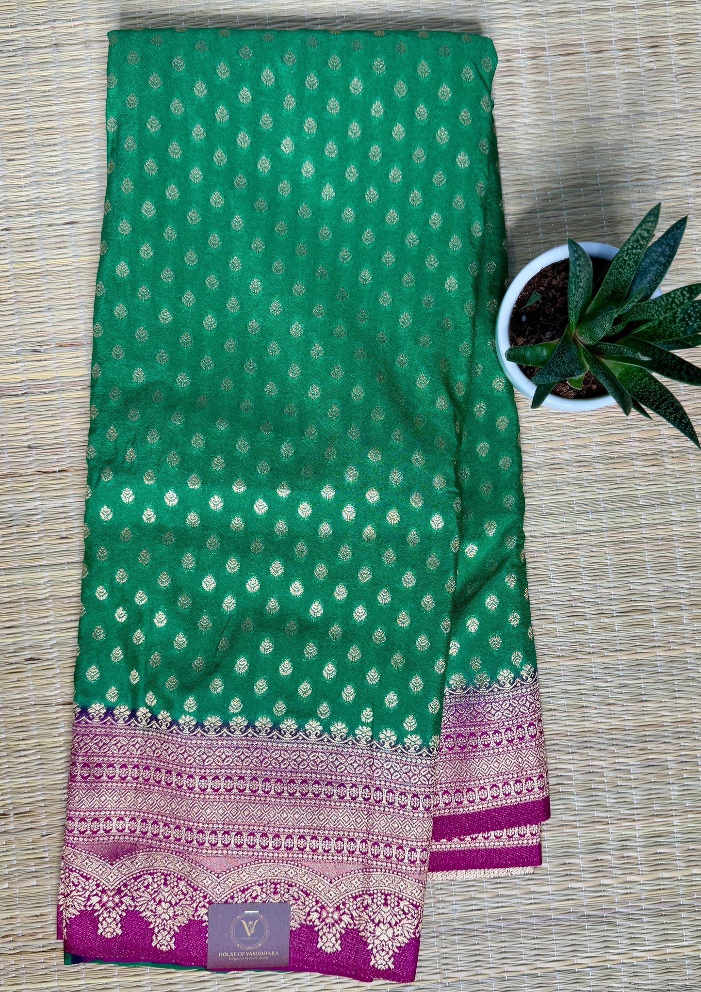 Green Khadi Banarasi Silk saree with Contrast border