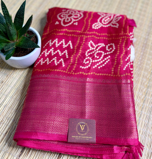 Pink Bandhani Silk Saree with Zari Border