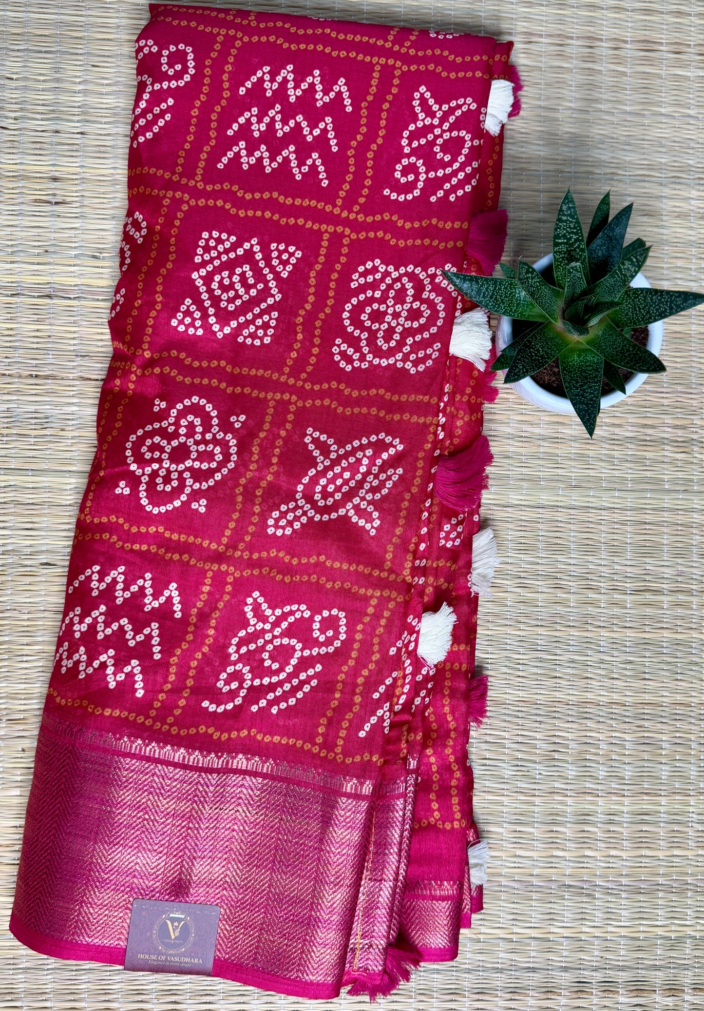 Pink Bandhani Silk Saree with Zari Border