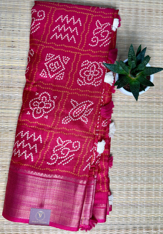 Pink Bandhani Silk Saree with Zari Border