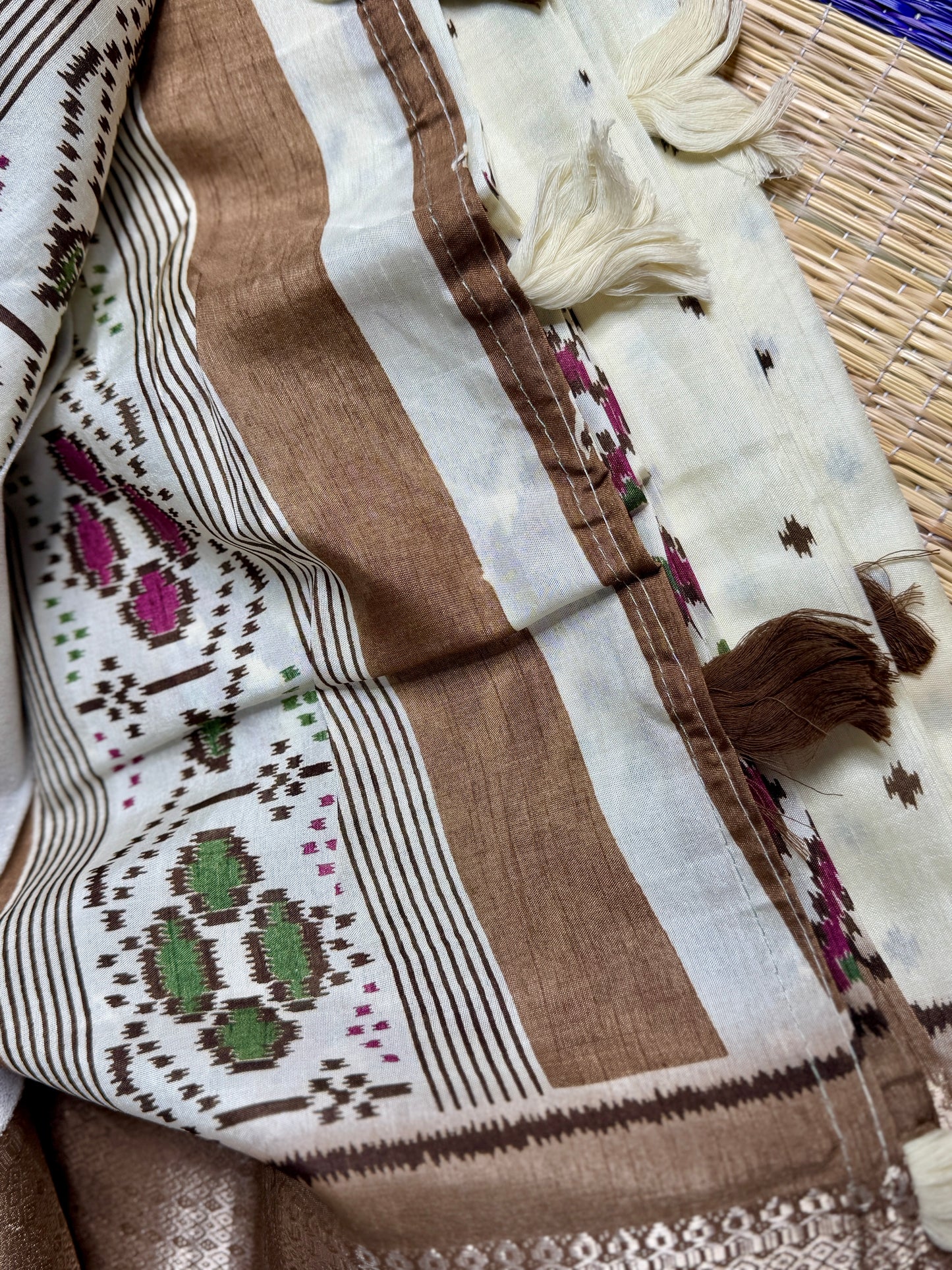Ivory with brown Dola Ikkat Silk Saree with Zari Border