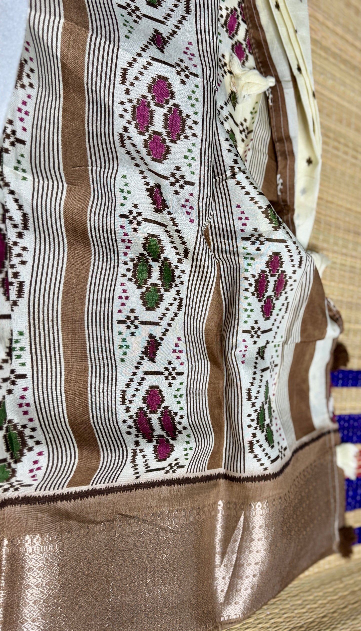 Ivory with brown Dola Ikkat Silk Saree with Zari Border