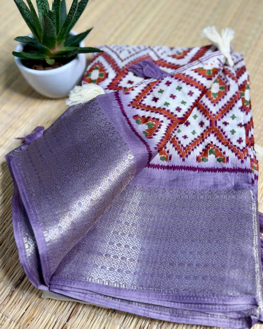 Ivory with Lavender Dola Ikkat Silk Saree