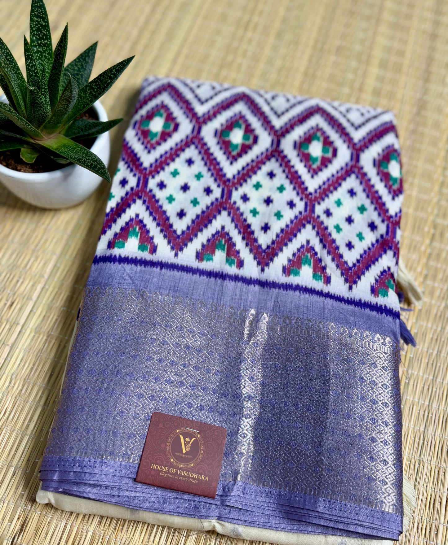 Ivory with Violet  Dola Ikkat Silk Saree