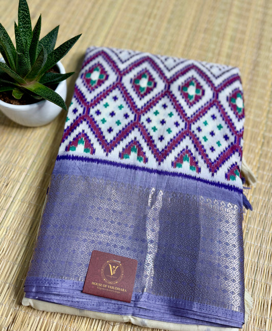 Ivory with Violet  Dola Ikkat Silk Saree