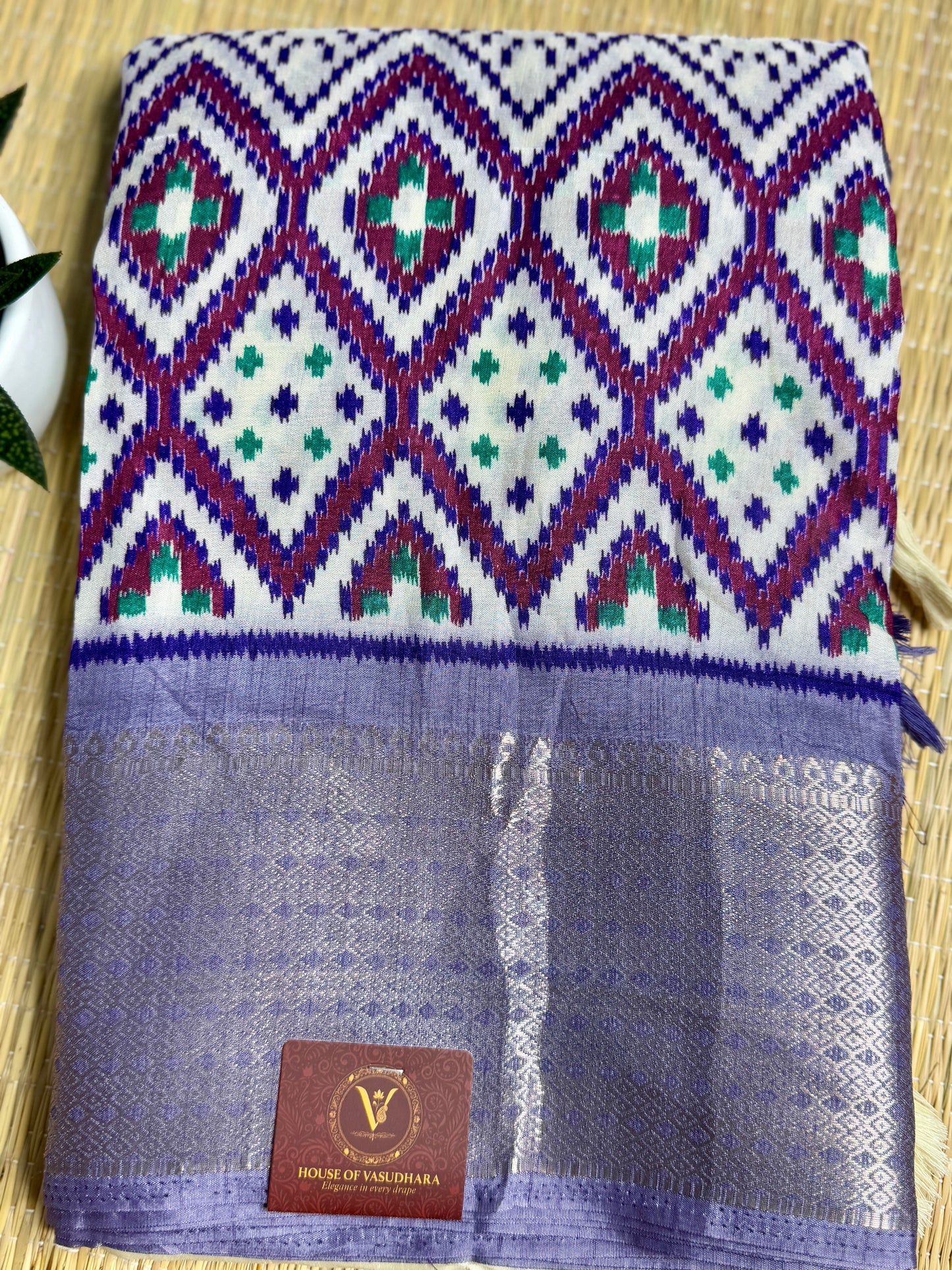 Ivory with Violet  Dola Ikkat Silk Saree