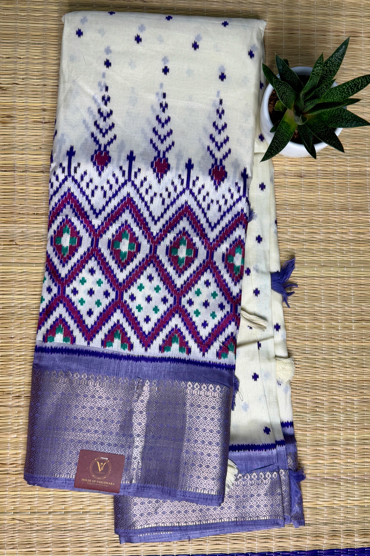 Ivory with Violet  Dola Ikkat Silk Saree