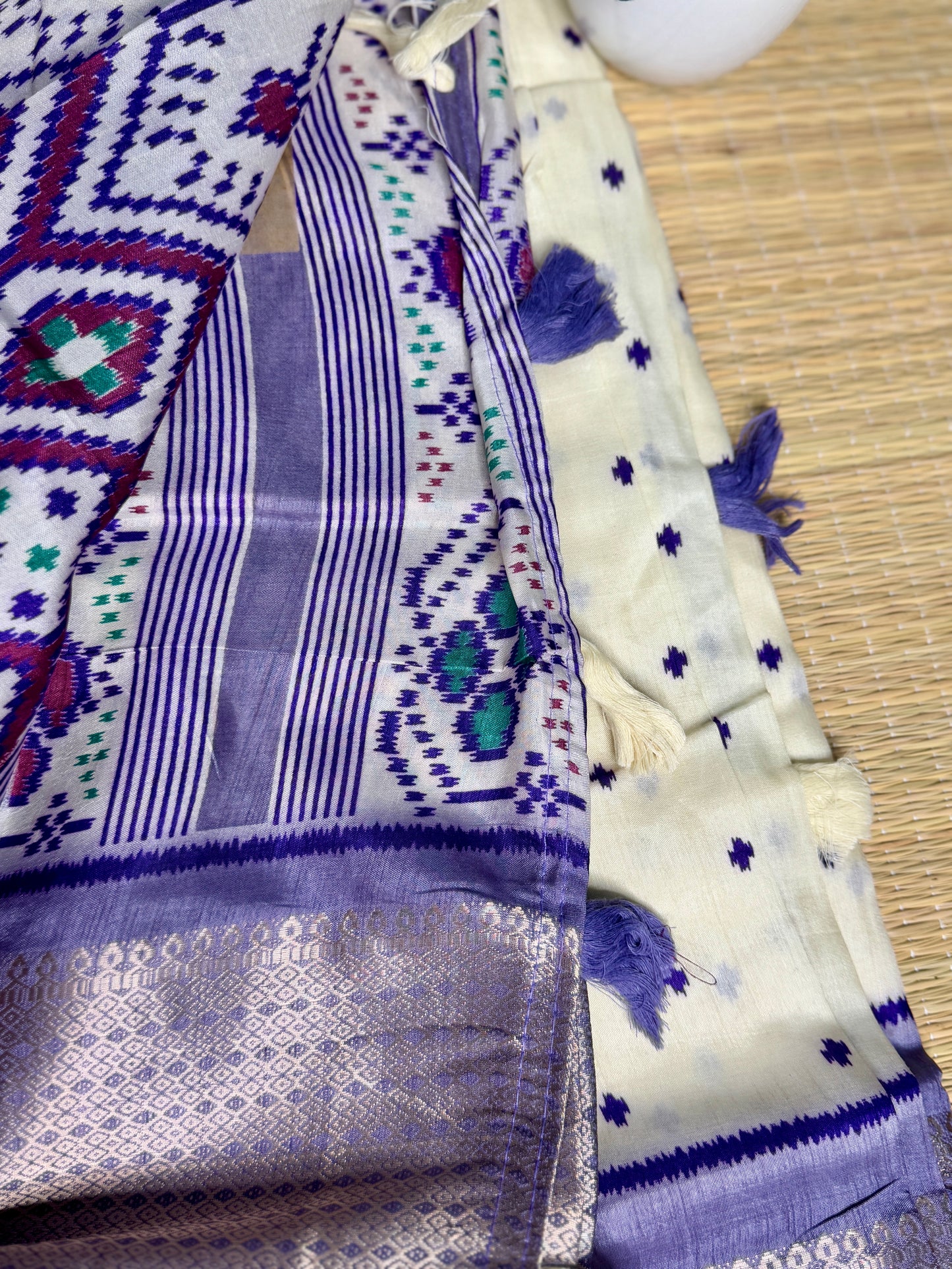 Ivory with Violet  Dola Ikkat Silk Saree