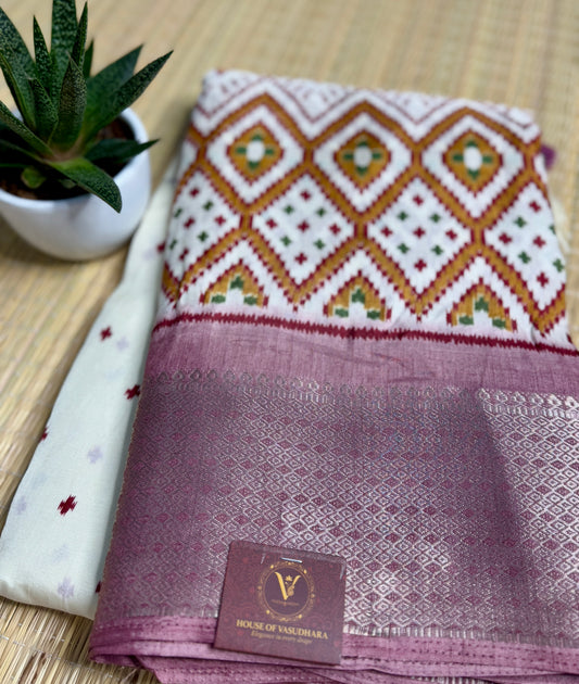 Ivory with Pink green Dola Ikkat Silk Saree