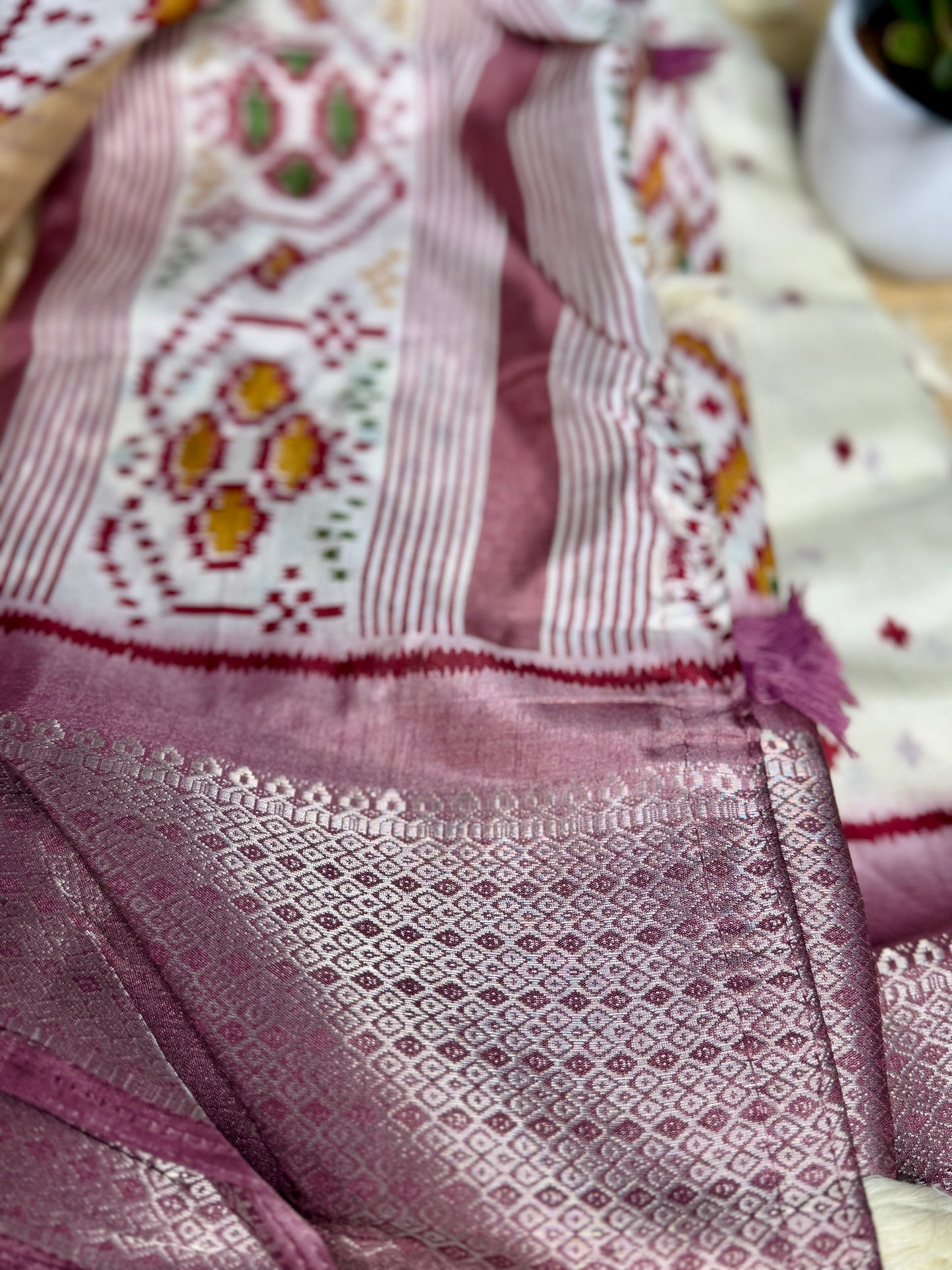 Ivory with Pink green Dola Ikkat Silk Saree