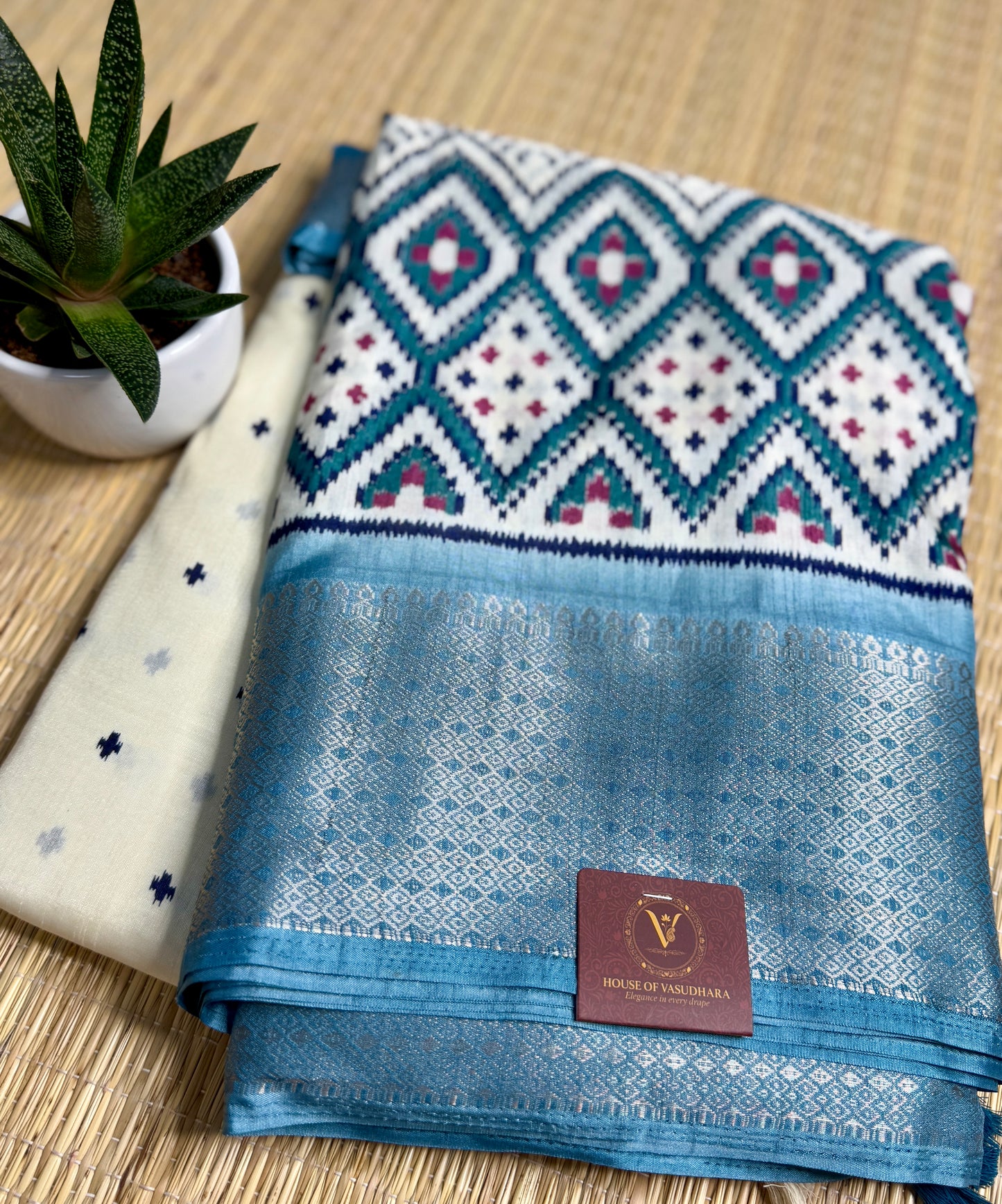Ivory with Blue green Dola Ikkat Silk Saree