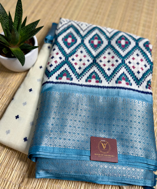 Ivory with Blue green Dola Ikkat Silk Saree