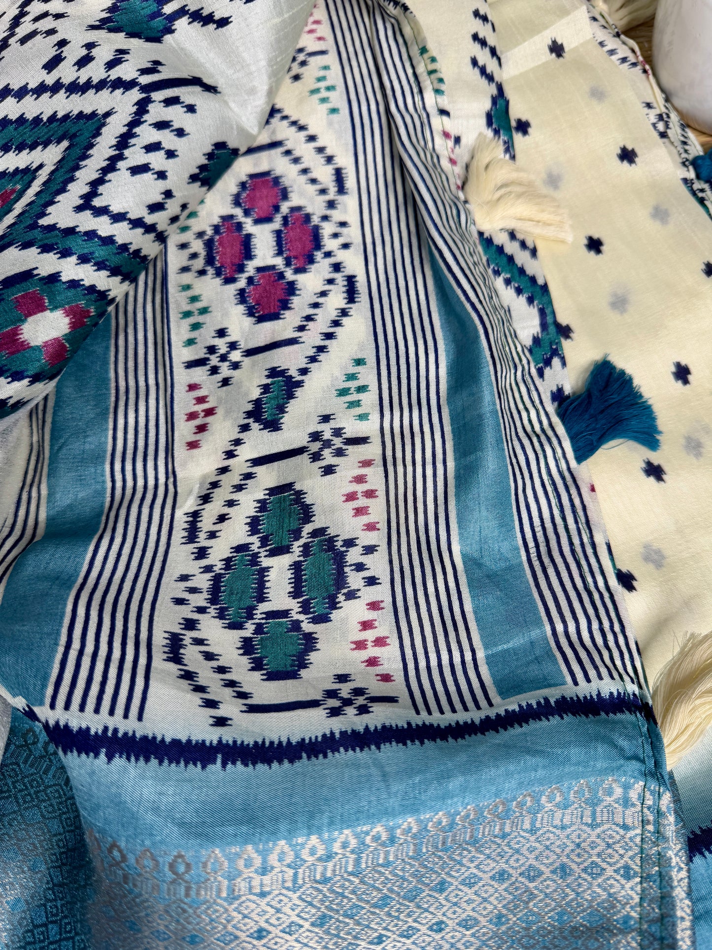 Ivory with Blue green Dola Ikkat Silk Saree