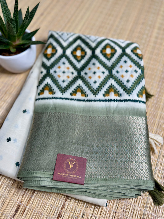 Ivory with sage green Dola Ikkat Silk Saree