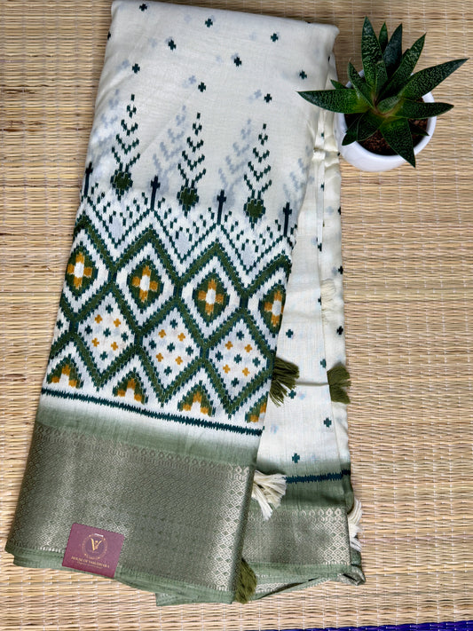 Ivory with sage green Dola Ikkat Silk Saree