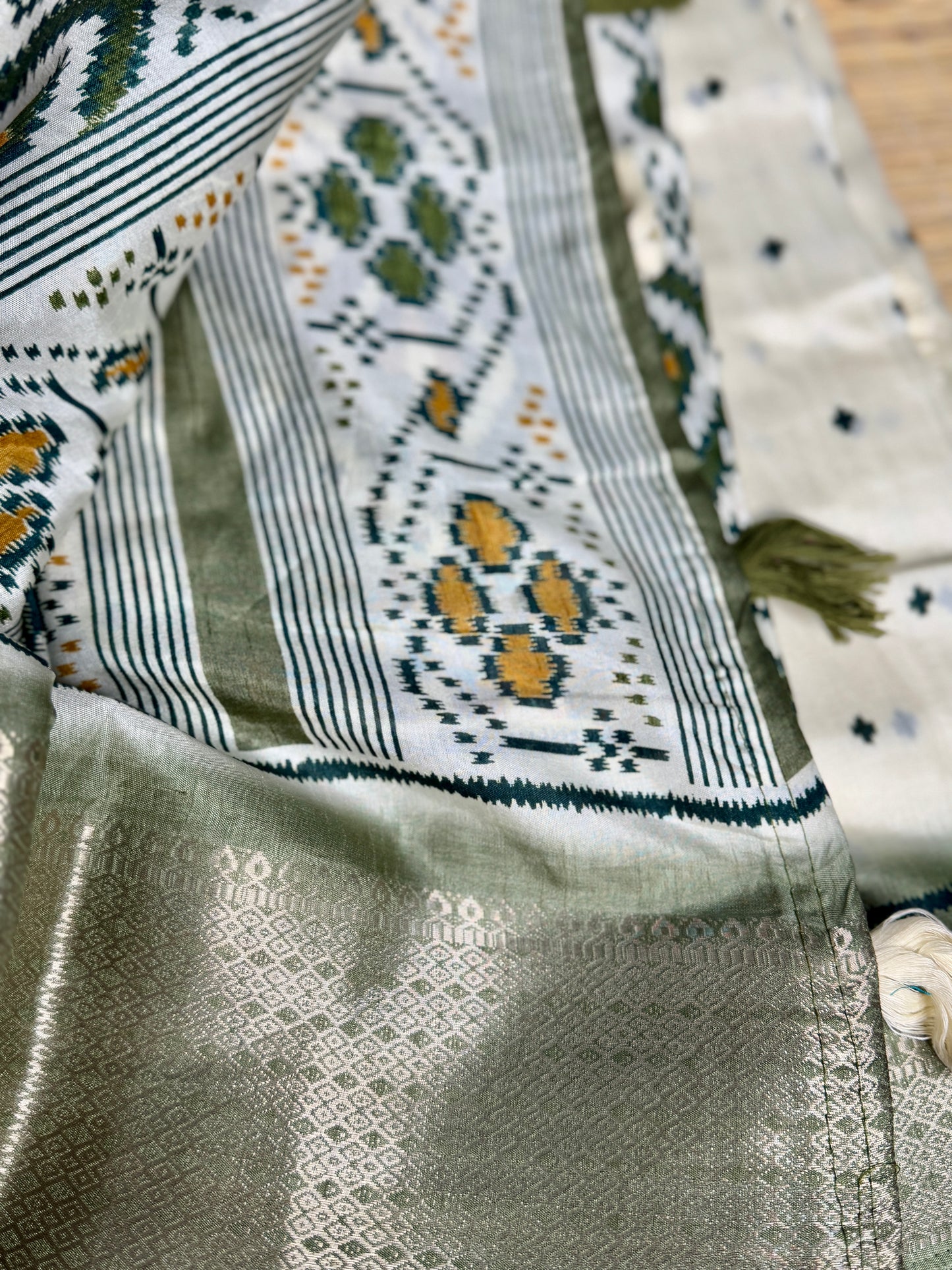 Ivory with sage green Dola Ikkat Silk Saree