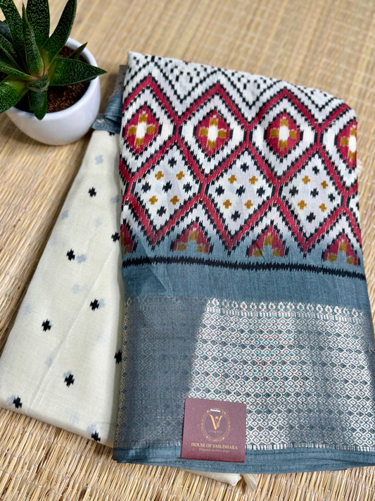 Ivory with Grey Dola Ikkat Silk Saree