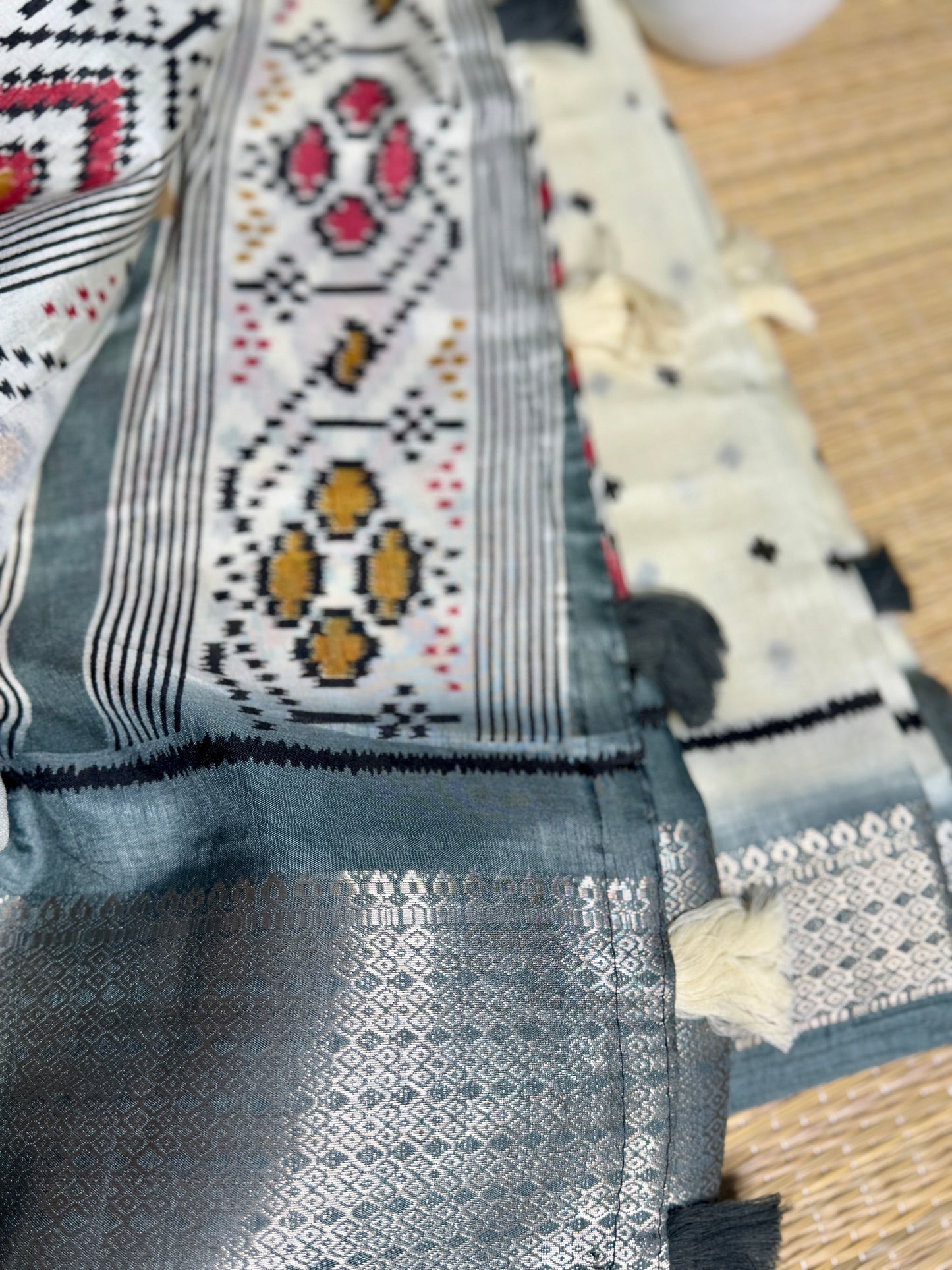 Ivory with Grey Dola Ikkat Silk Saree