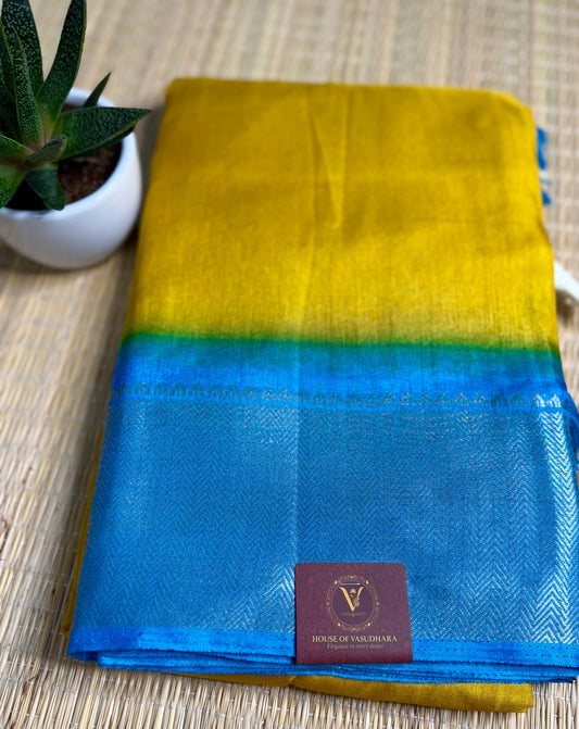 Yellow & Blue Dola Silk Saree