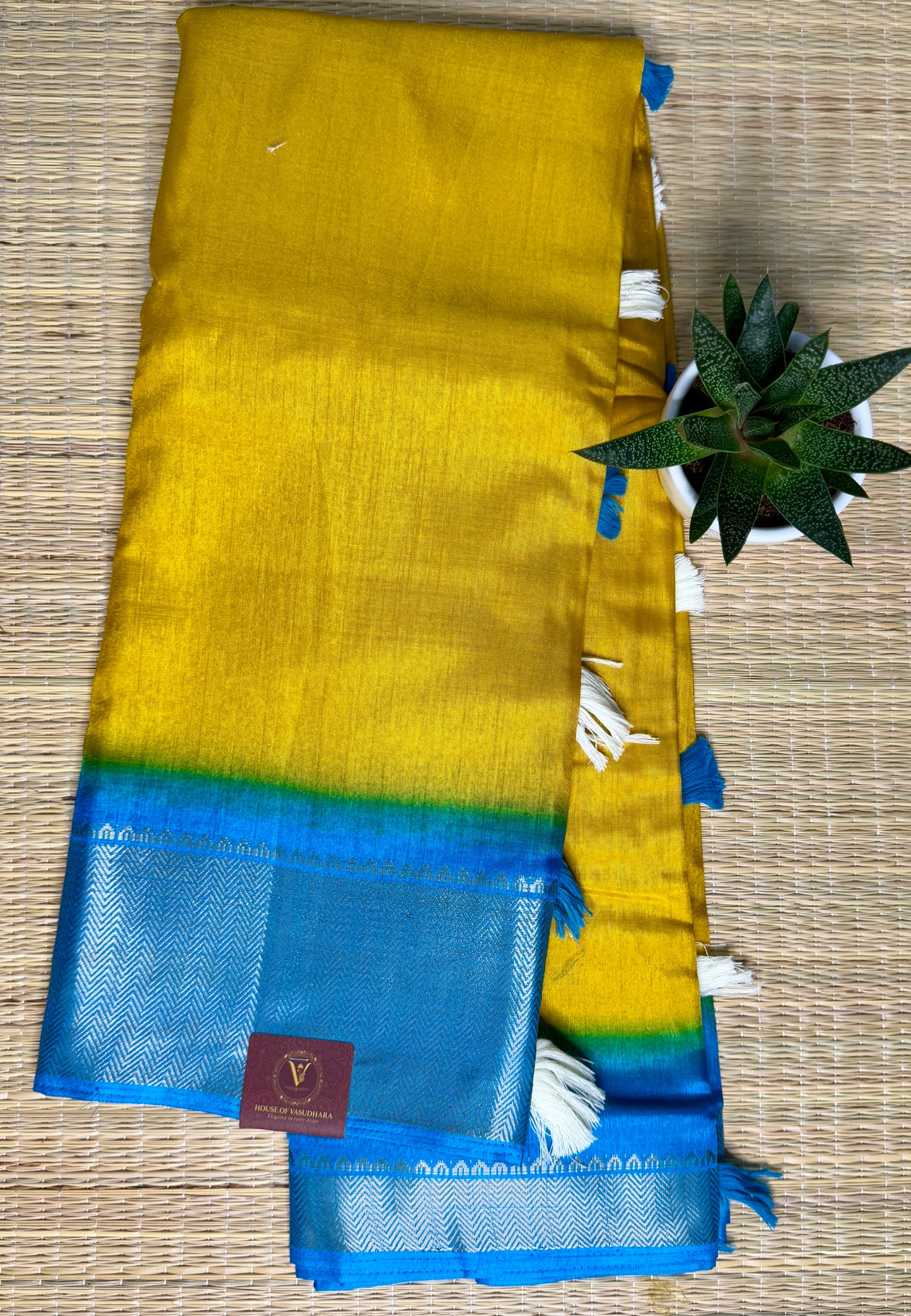 Yellow & Blue Dola Silk Saree