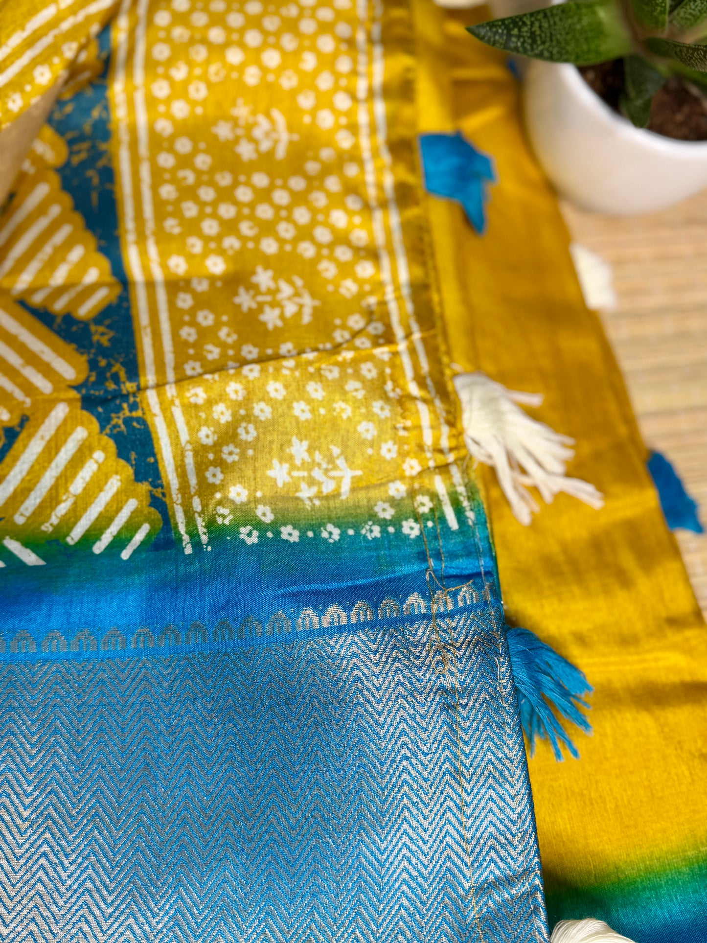 Yellow & Blue Dola Silk Saree