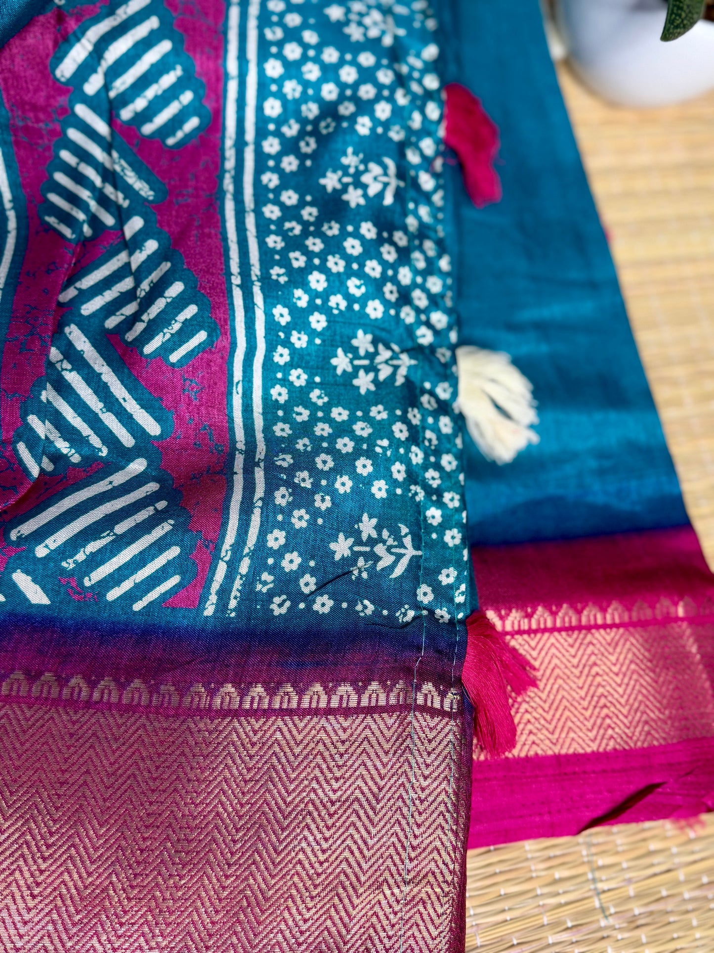 Blue & Pink Dola Silk Saree