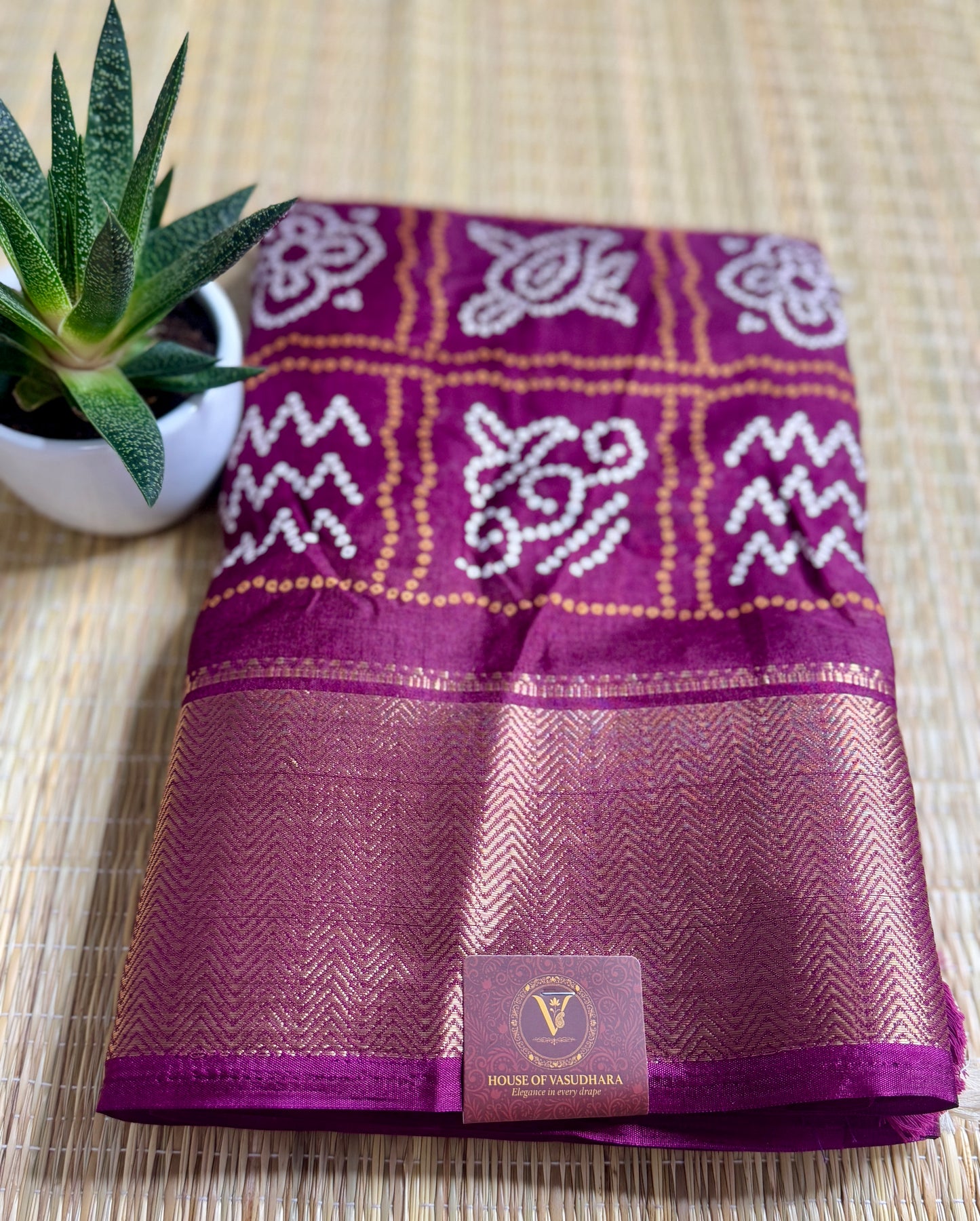 Deep Magenta Dola Bandhani Silk Saree with Zari Border