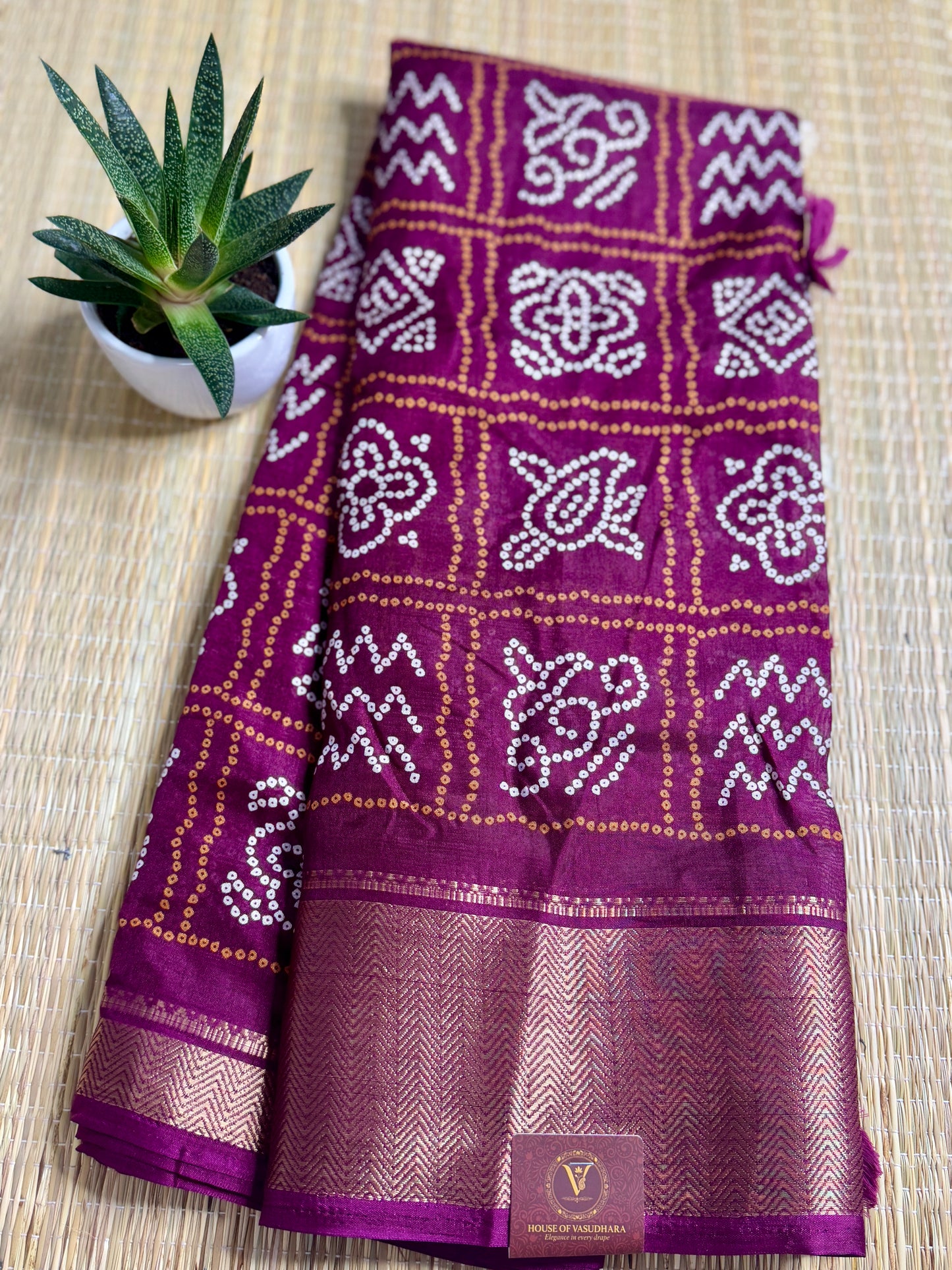 Deep Magenta Dola Bandhani Silk Saree with Zari Border