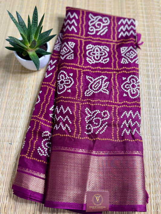 Deep Magenta Dola Bandhani Silk Saree with Zari Border