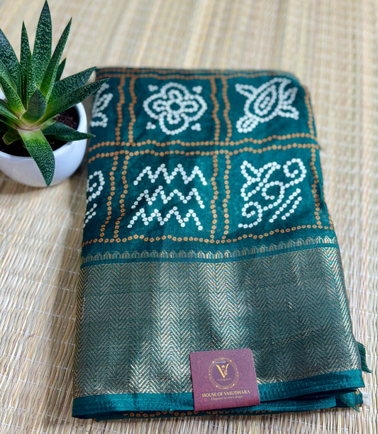 Bottle Green Dola Bandhani Silk Saree with Zari Border