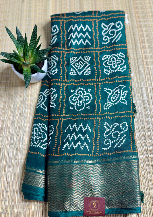 Bottle Green Dola Bandhani Silk Saree with Zari Border